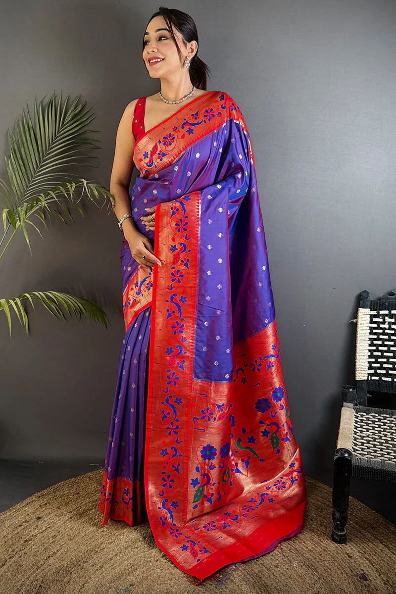 Resonant Royal Purple Paithani Silk Saree With Evanescent Blouse Piece