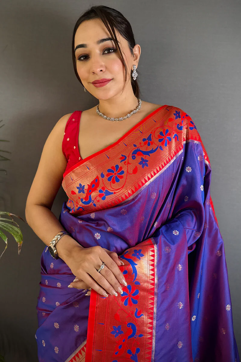 Resonant Royal Purple Paithani Silk Saree With Evanescent Blouse Piece - Image 2