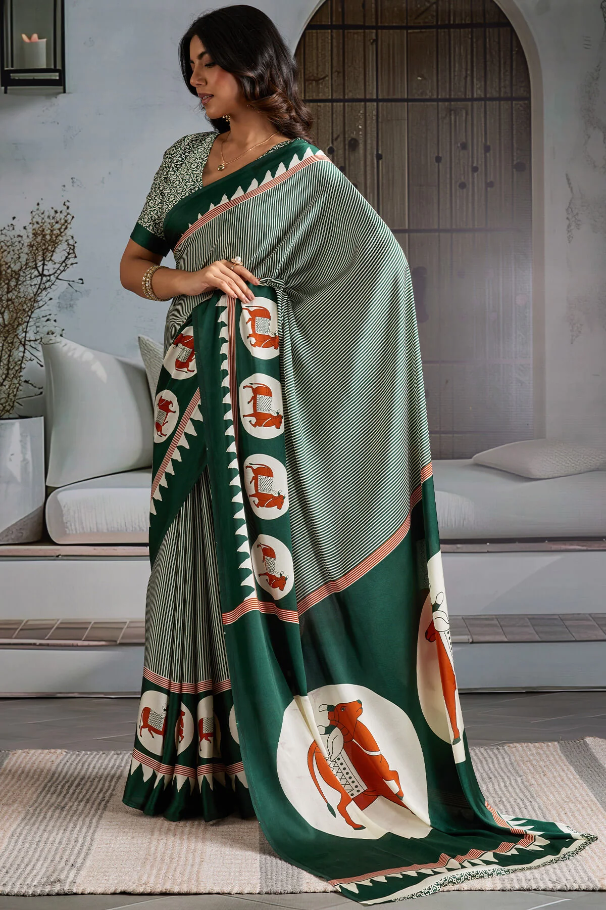 Resplendent Dark Green Ajrakh Printed Satin Silk Saree With Lassitude Blouse Piece - Image 3