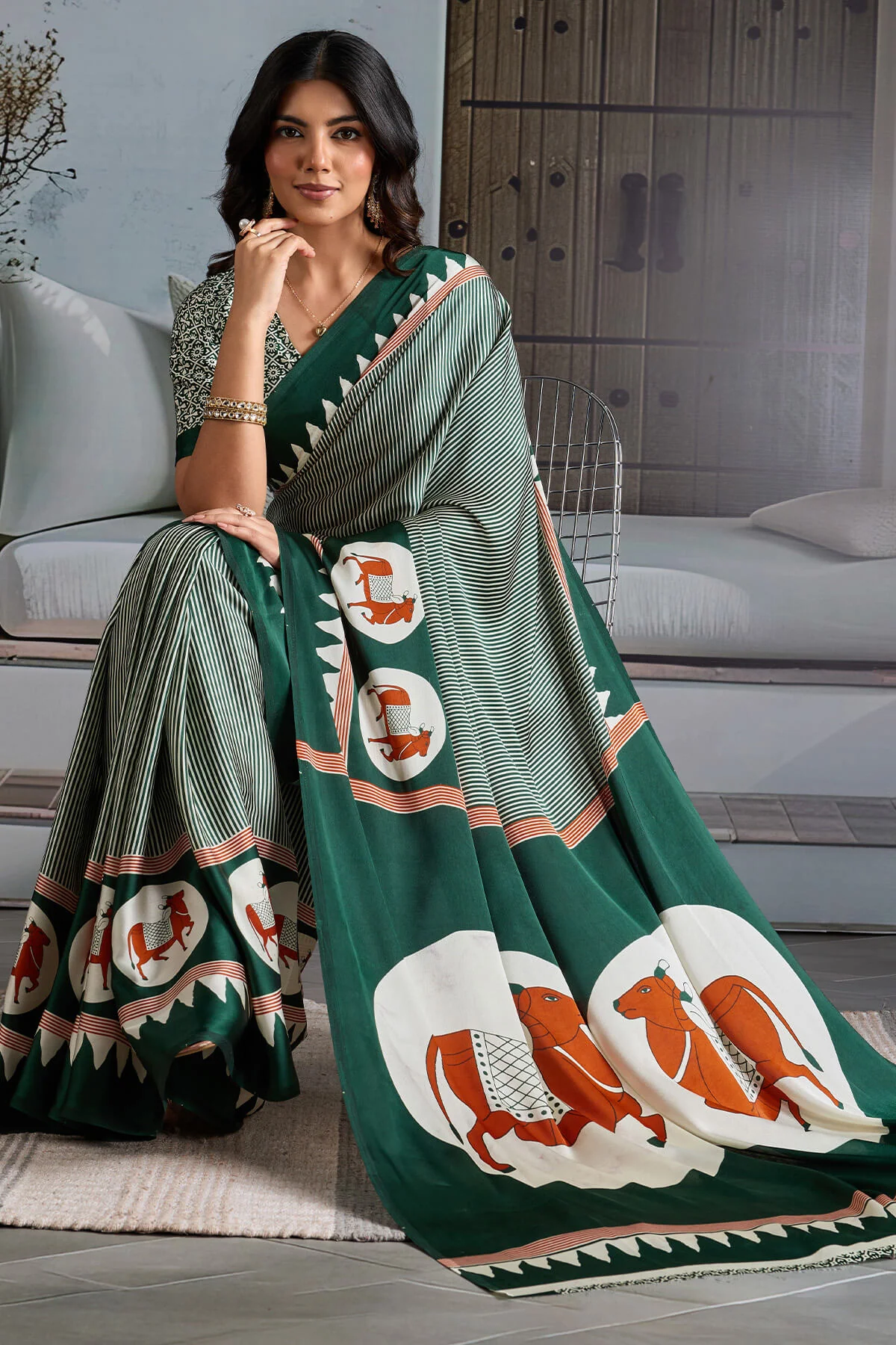 Resplendent Dark Green Ajrakh Printed Satin Silk Saree With Lassitude Blouse Piece - Image 5