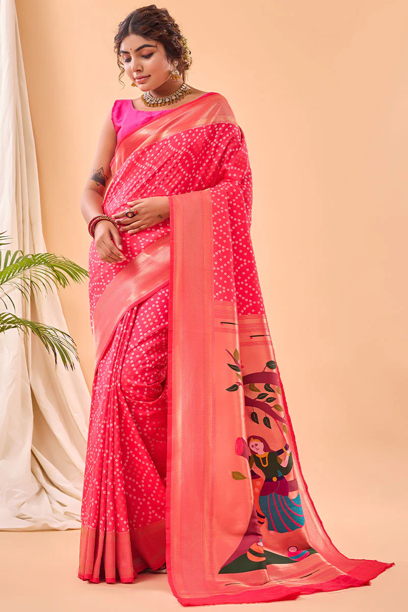 Resplendent Dark Pink Paithani Silk Saree With Innovative Blouse Piece - Image 3