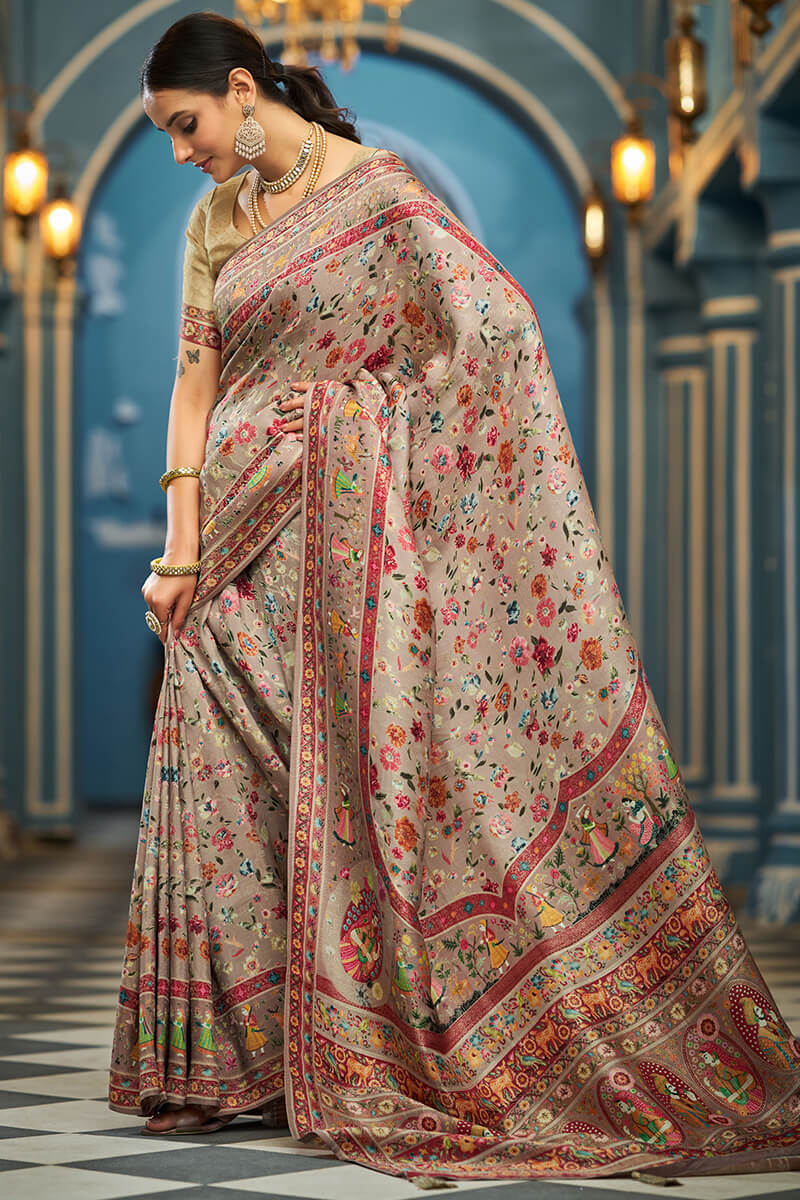 Resplendent Grey Pashmina Saree With Enigmatic Blouse Piece - Image 3