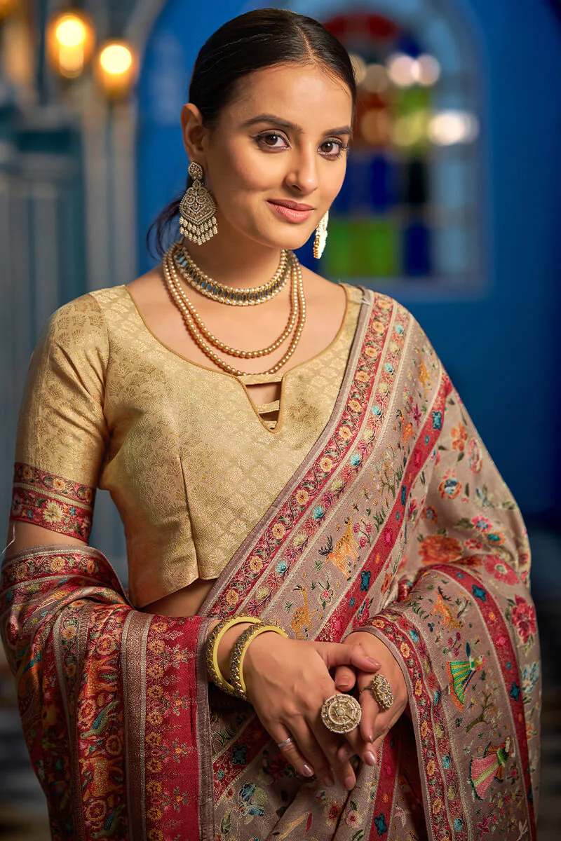 Resplendent Grey Pashmina Saree With Enigmatic Blouse Piece - Image 4
