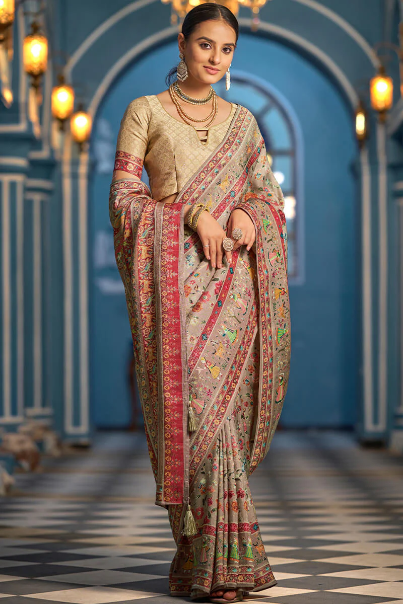 Resplendent Grey Pashmina Saree With Enigmatic Blouse Piece - Image 5