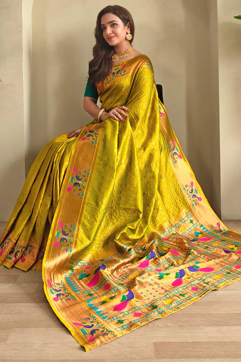 Resplendent Mehndi Paithani Silk Saree With Incredible Blouse Piece - Image 2