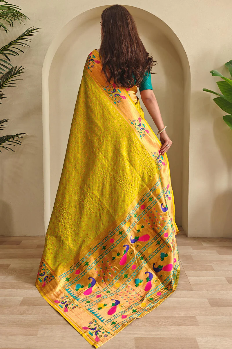 Resplendent Mehndi Paithani Silk Saree With Incredible Blouse Piece - Image 3
