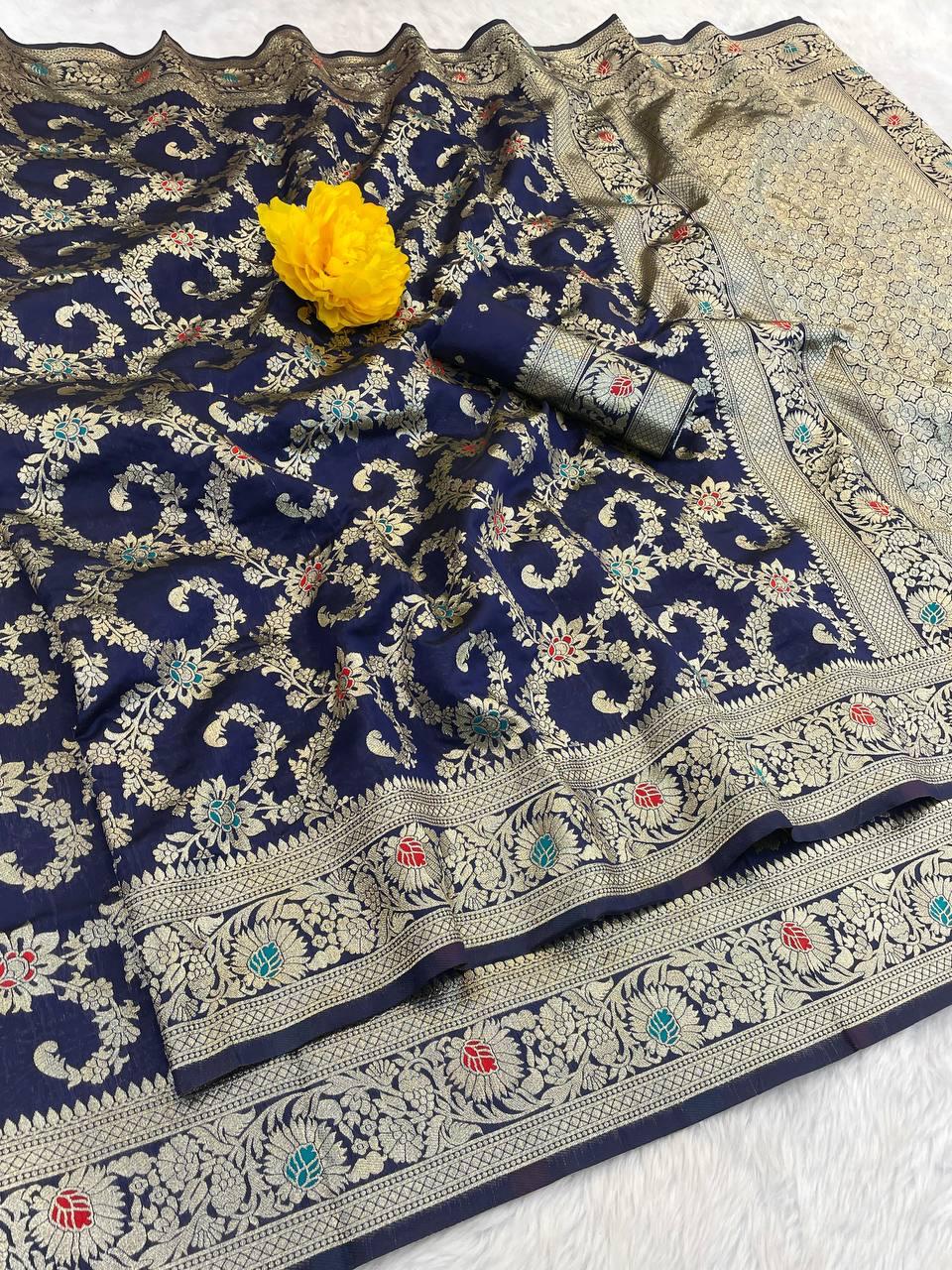 Resplendent Navy Blue Soft Banarasi Silk Saree With Scrumptious Blouse Piece - Image 2
