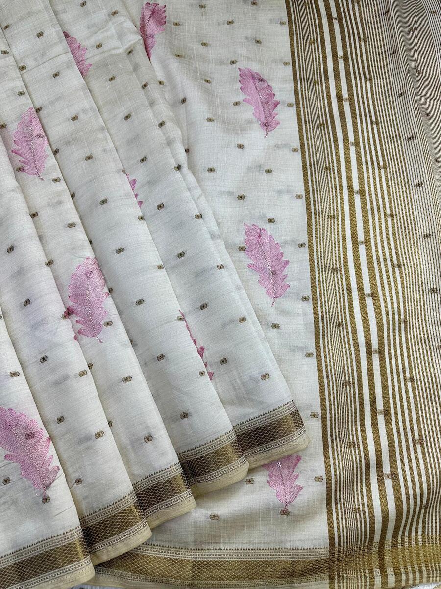 Resplendent Off White Embroidery Work Tussar Silk Saree With Alluring Blouse Piece - Image 3