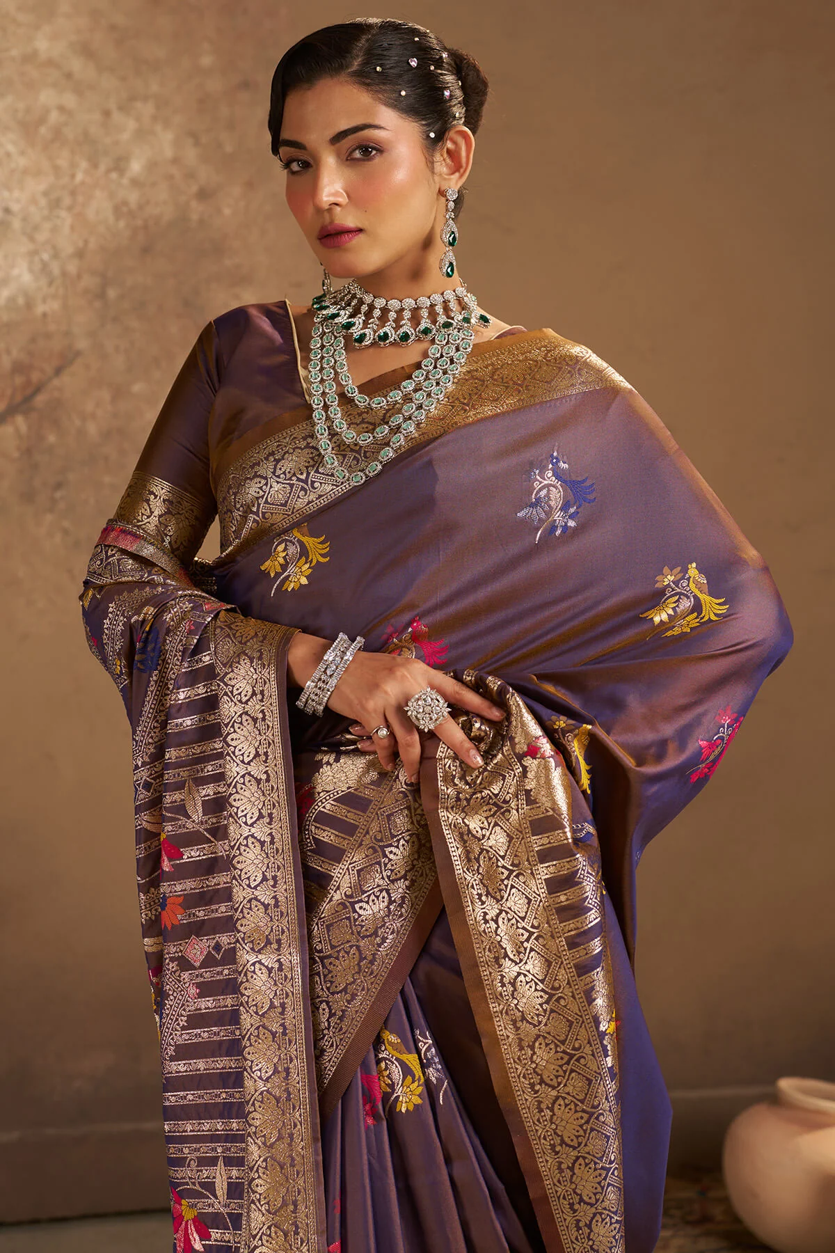 Resplendent Purple Pure Zari Weaving Banarasi Silk Saree With Scintilla Blouse Piece - Image 2