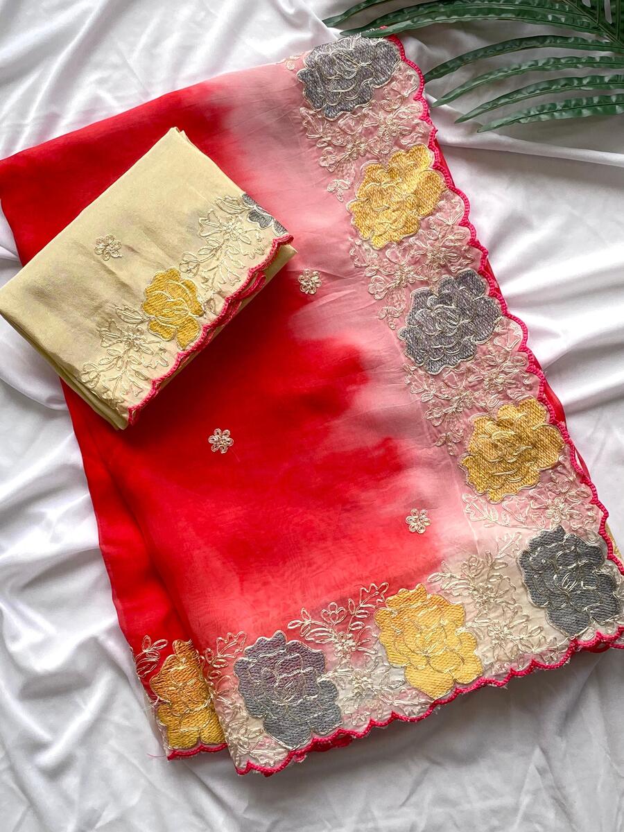 Resplendent Red Embroidery Work Organza Silk Saree With Susurrous Blouse Piece - Image 2
