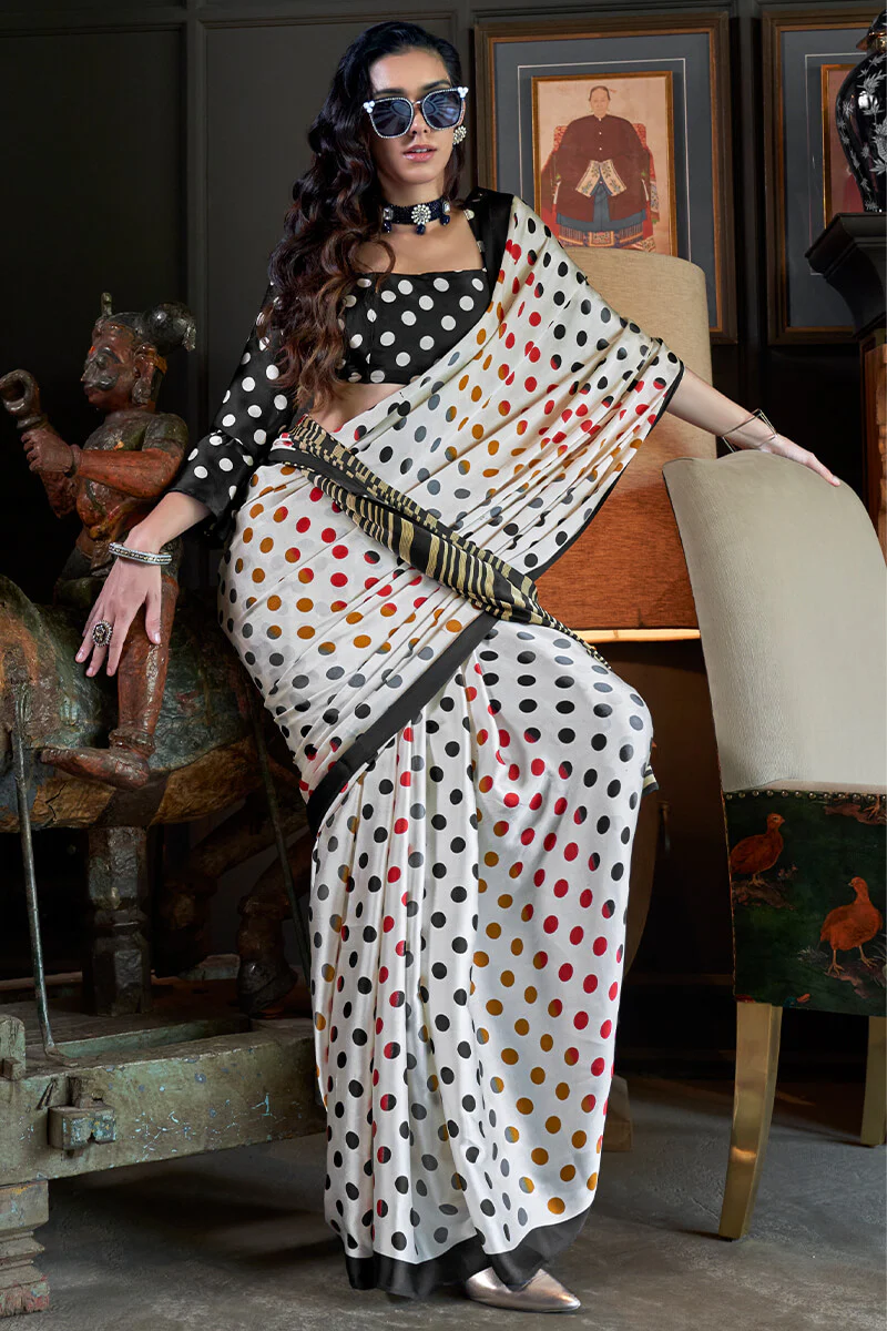 Resplendent White Digital Printed Satin Silk Saree With Profuse Blouse Piece - Image 2