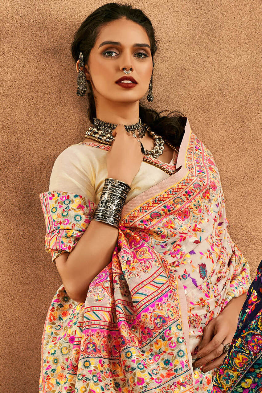 Rhapsodic Beige Pashmina Saree With Glorious Blouse Piece - Image 2