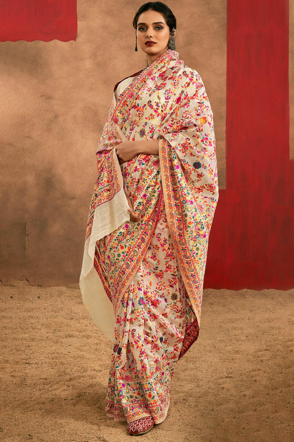 Rhapsodic Beige Pashmina Saree With Glorious Blouse Piece - Image 3