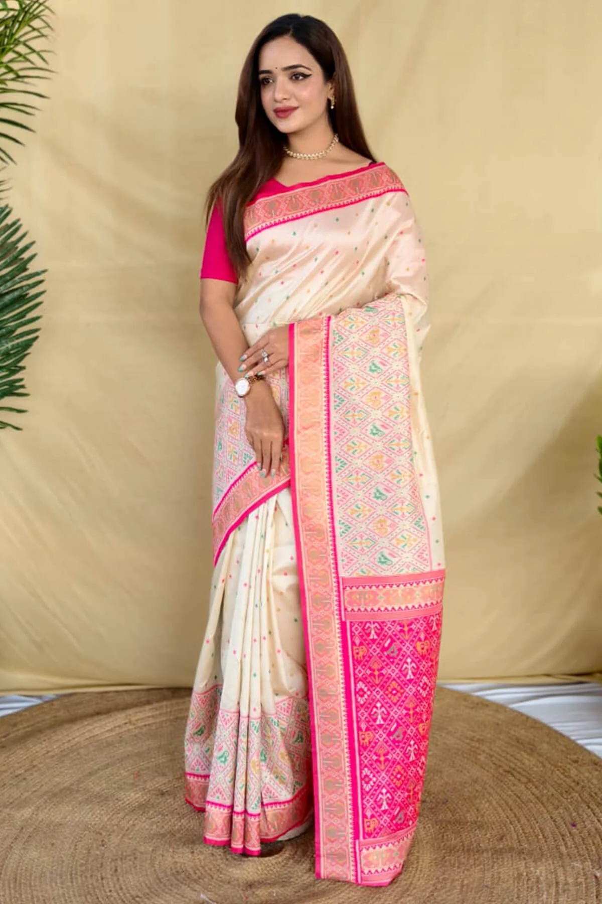 Rhapsodic Beige Pure Zari Weaving Banarasi Silk Saree With Assemblage Blouse Piece - Image 4