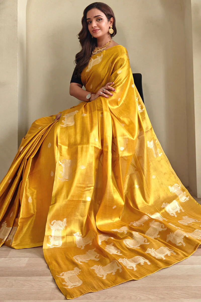 Rhapsodic Mustard Soft Banarasi Tissue Silk Saree With Ephemeral Blouse Piece - Image 2