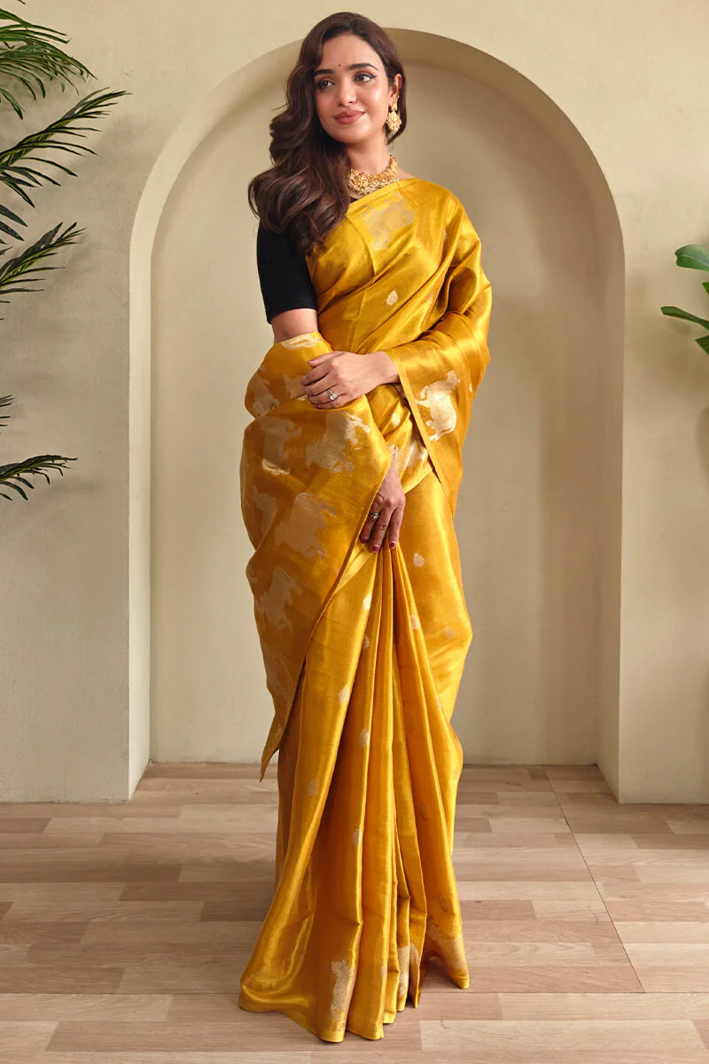 Rhapsodic Mustard Soft Banarasi Tissue Silk Saree With Ephemeral Blouse Piece - Image 3