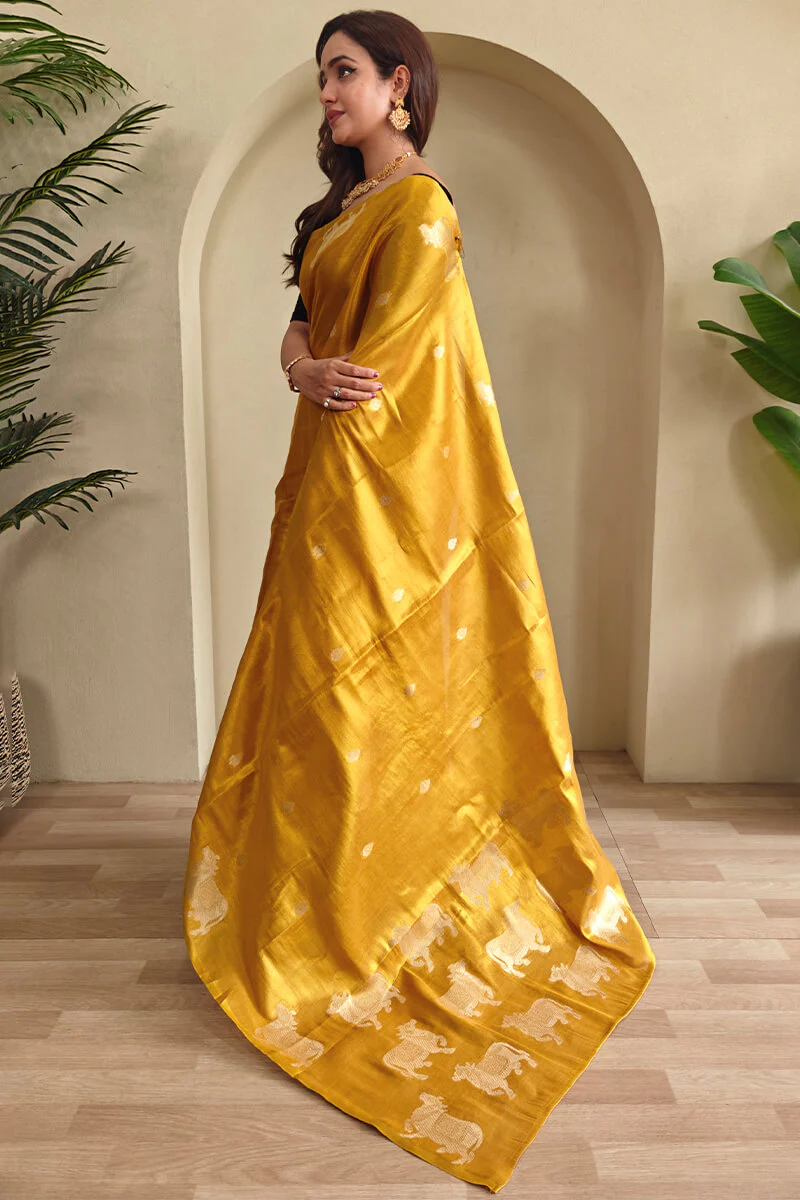 Rhapsodic Mustard Soft Banarasi Tissue Silk Saree With Ephemeral Blouse Piece - Image 4