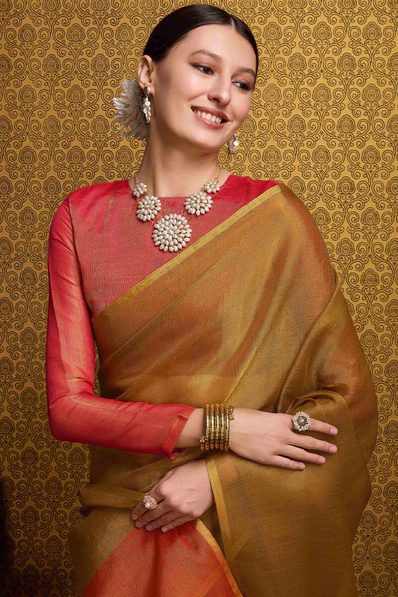 Rhapsodic Mustard Soft Banarasi Tissue Silk Saree With Surpassing Blouse Piece - Image 2