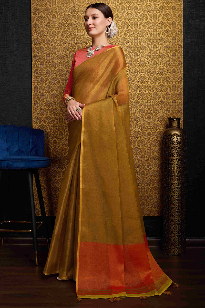 Rhapsodic Mustard Soft Banarasi Tissue Silk Saree With Surpassing Blouse Piece - Image 5
