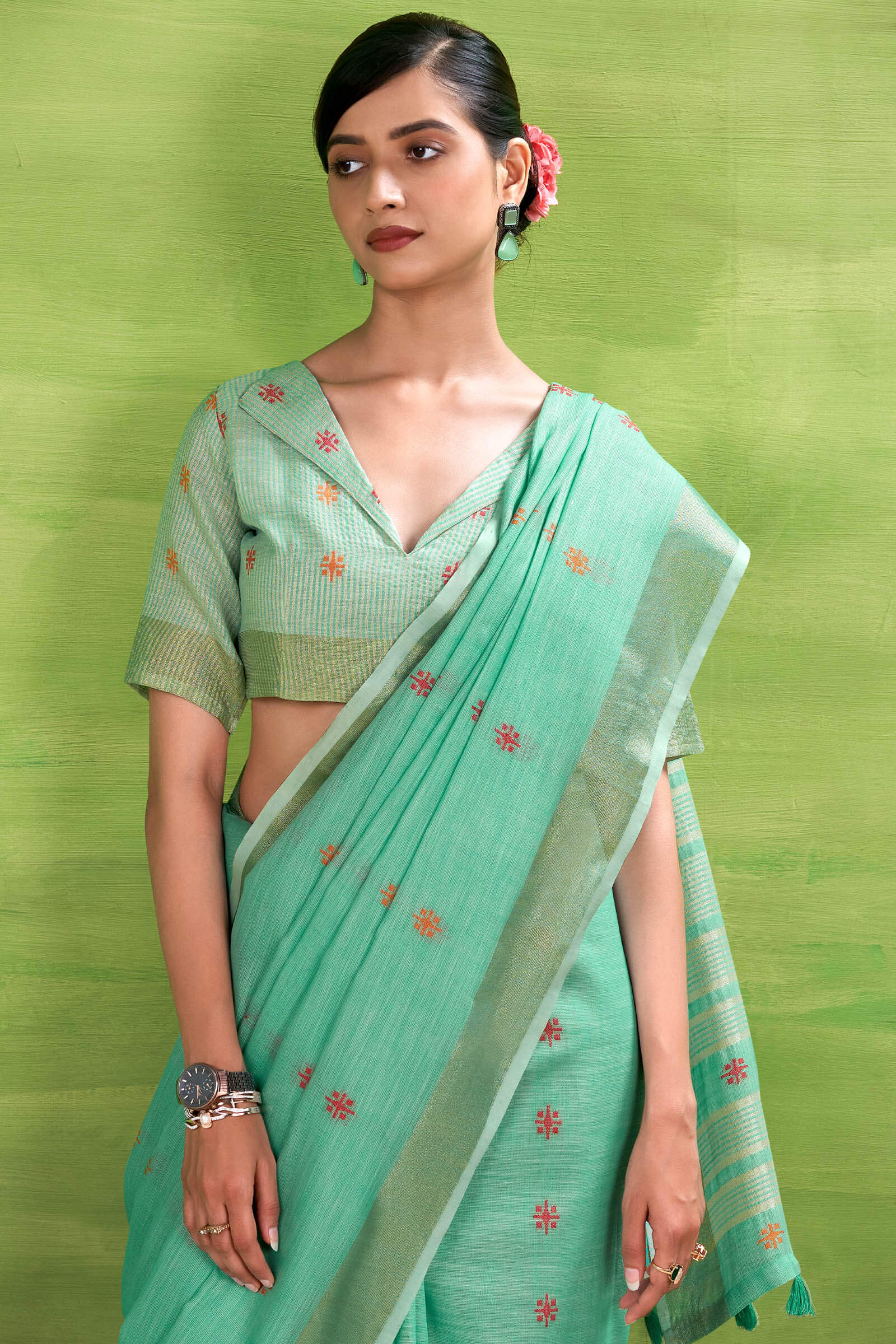 Rhapsodic Turquoise Cotton Silk Saree With Hypnotic Blouse Piece - Image 2