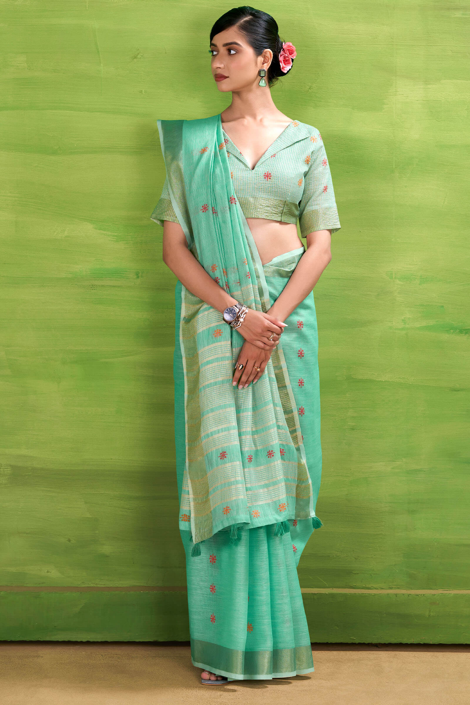 Rhapsodic Turquoise Cotton Silk Saree With Hypnotic Blouse Piece - Image 3