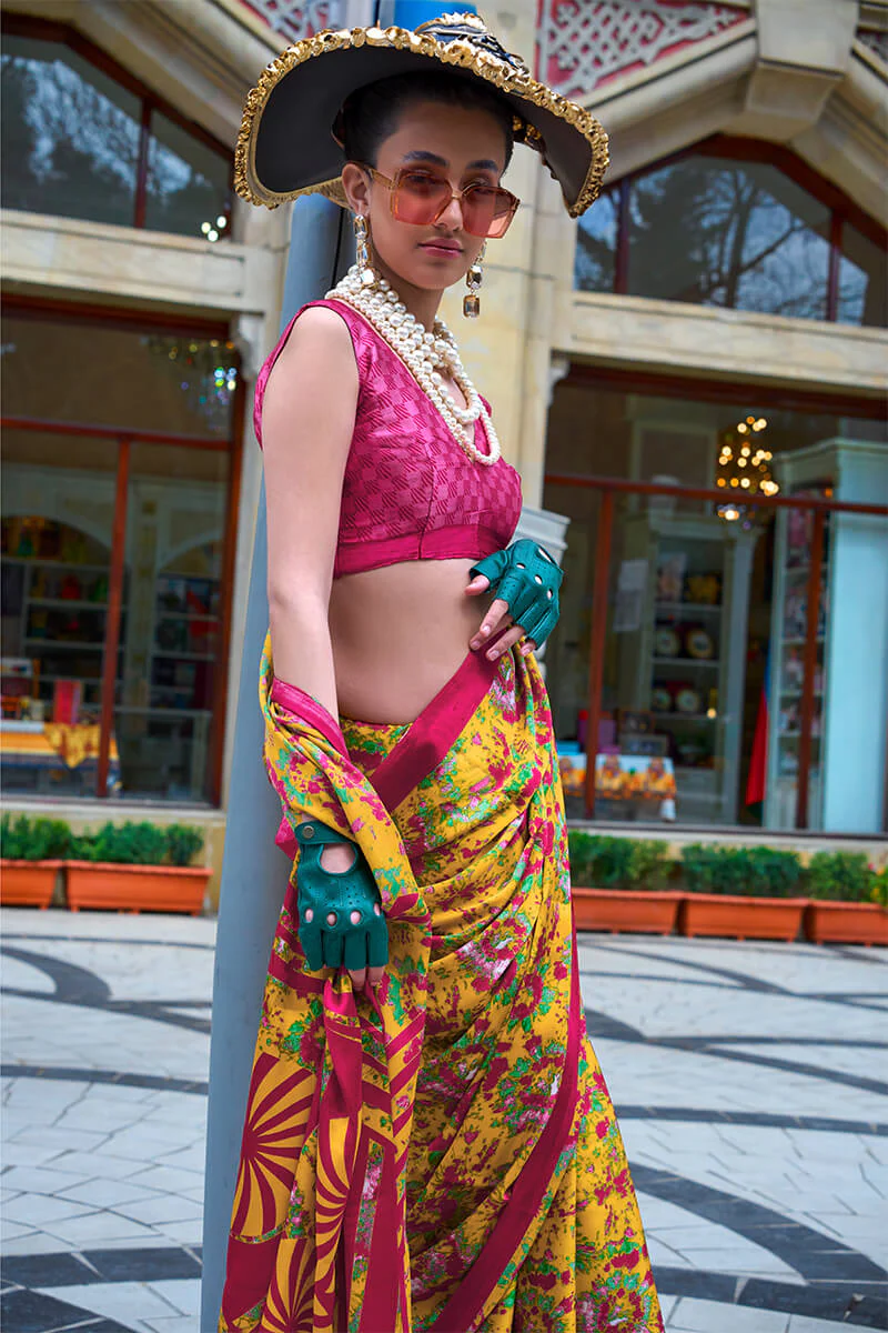 Rhapsodic Yellow Digital Printed Satin Silk Saree With Opulent Blouse Piece - Image 2