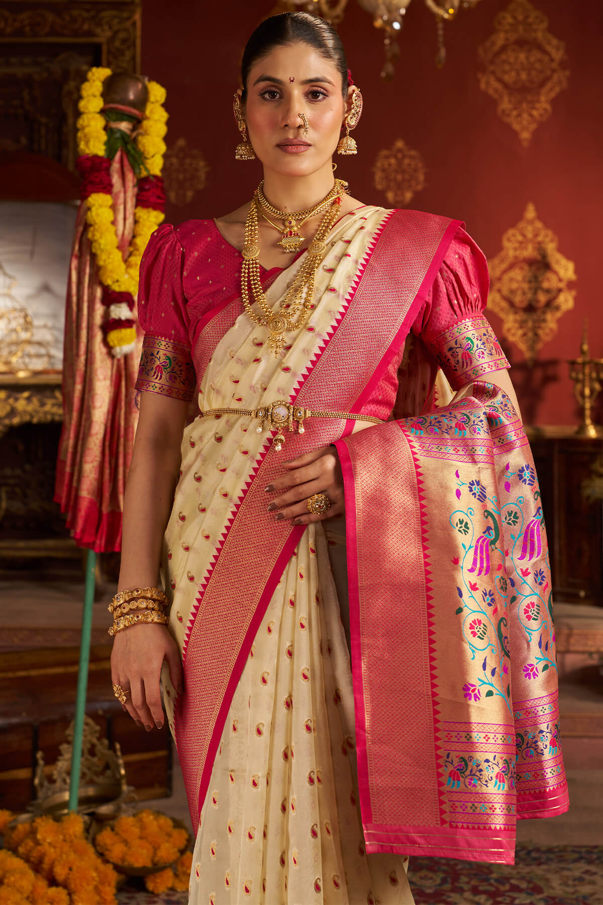 Rhapsody Beige Organza Paithani Silk Saree With Enchanting Blouse Piece - Image 2