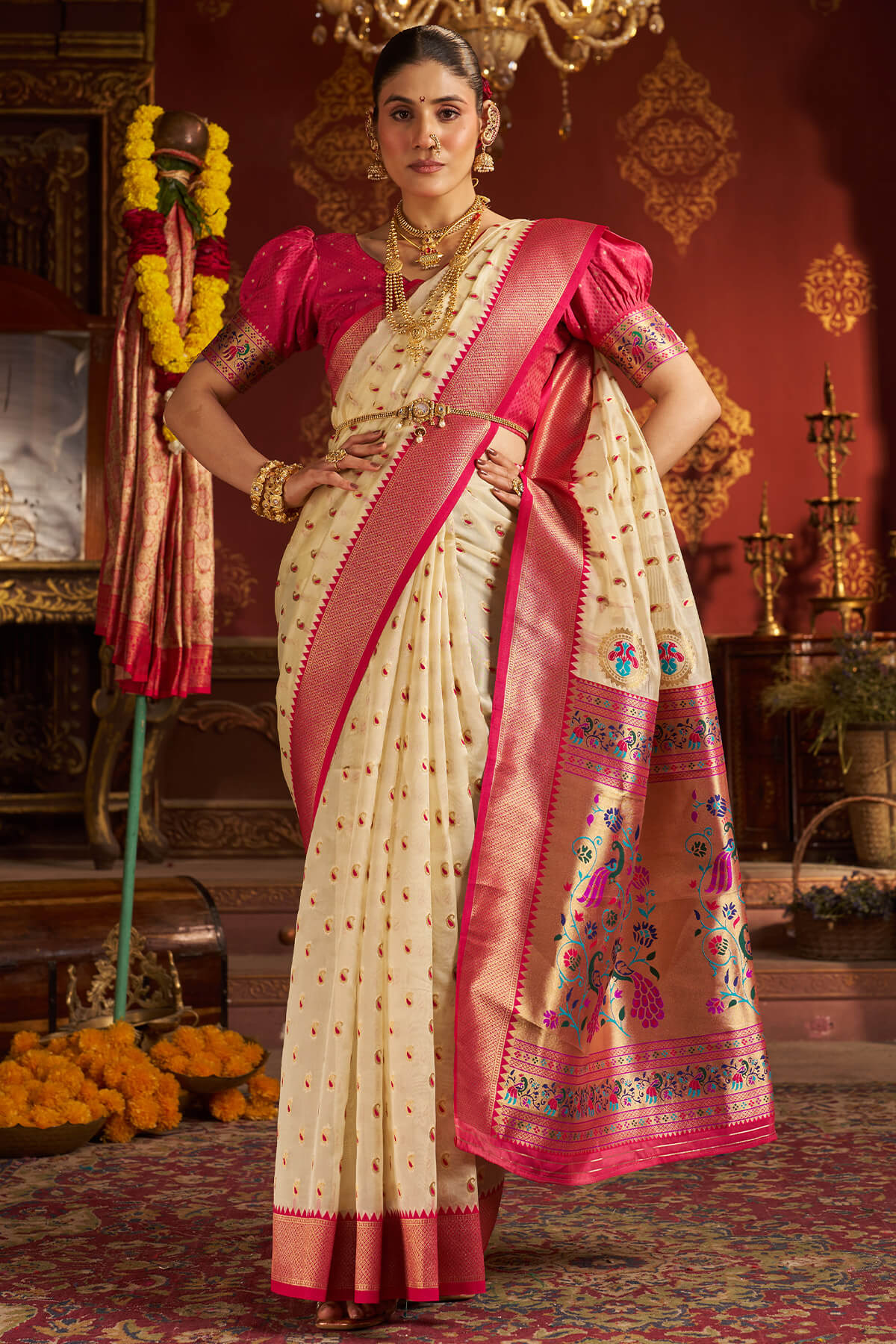 Rhapsody Beige Organza Paithani Silk Saree With Enchanting Blouse Piece - Image 3