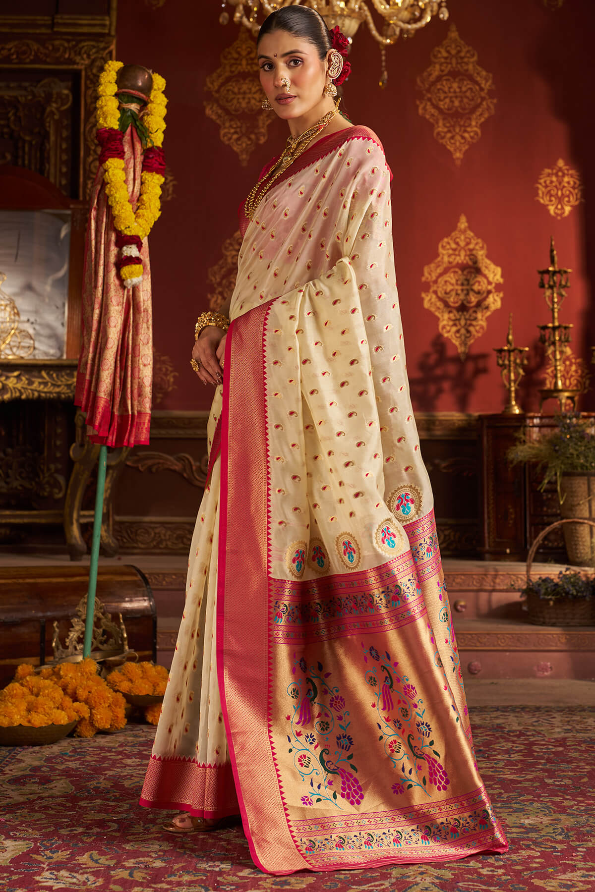 Rhapsody Beige Organza Paithani Silk Saree With Enchanting Blouse Piece - Image 5