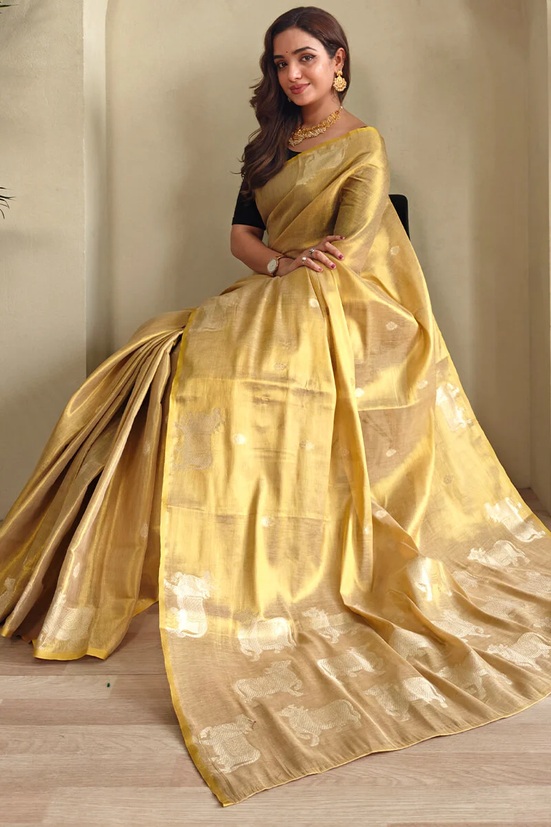 Rhapsody Dark Beige Soft Banarasi Tissue Silk Saree With Ethnic Blouse Piece - Image 2