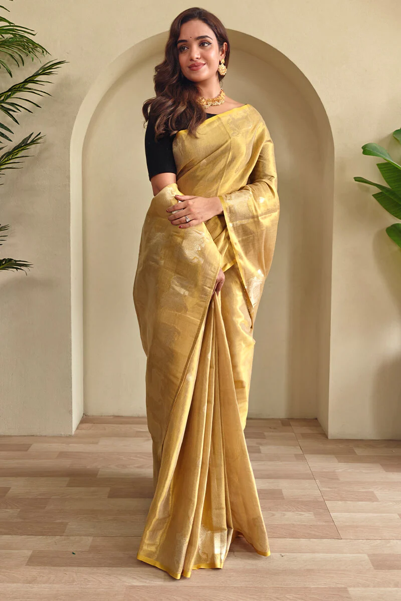 Rhapsody Dark Beige Soft Banarasi Tissue Silk Saree With Ethnic Blouse Piece - Image 3