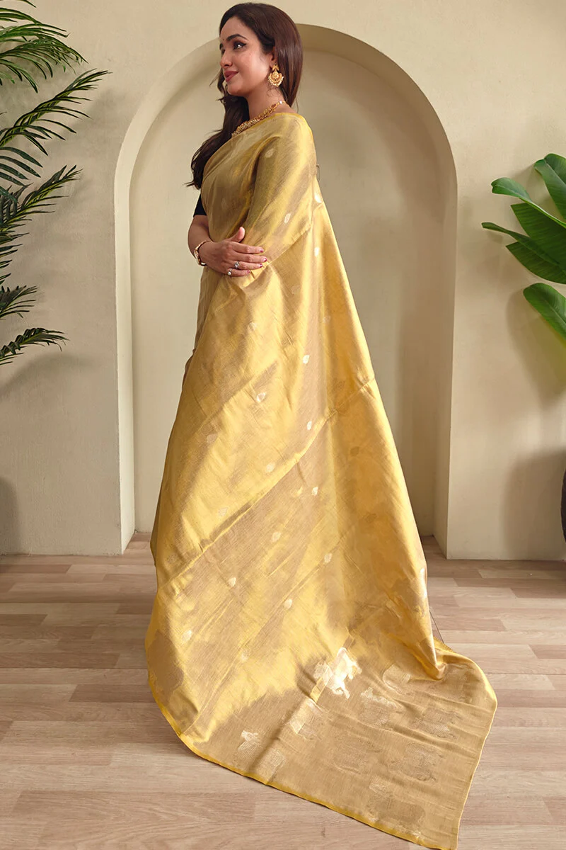 Rhapsody Dark Beige Soft Banarasi Tissue Silk Saree With Ethnic Blouse Piece - Image 4