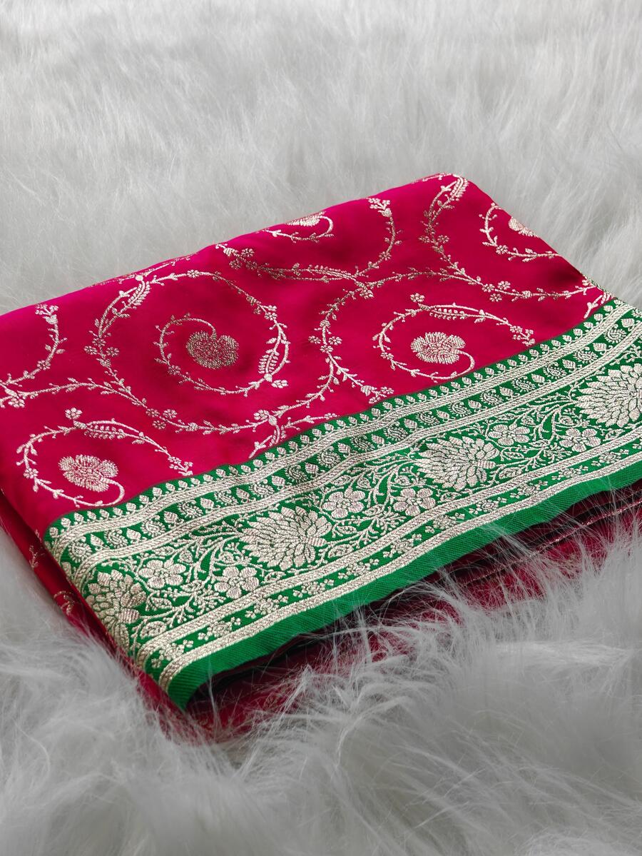 Rhapsody Dark Pink Banarasi Satin Silk Saree With Assemblage Blouse - Image 2