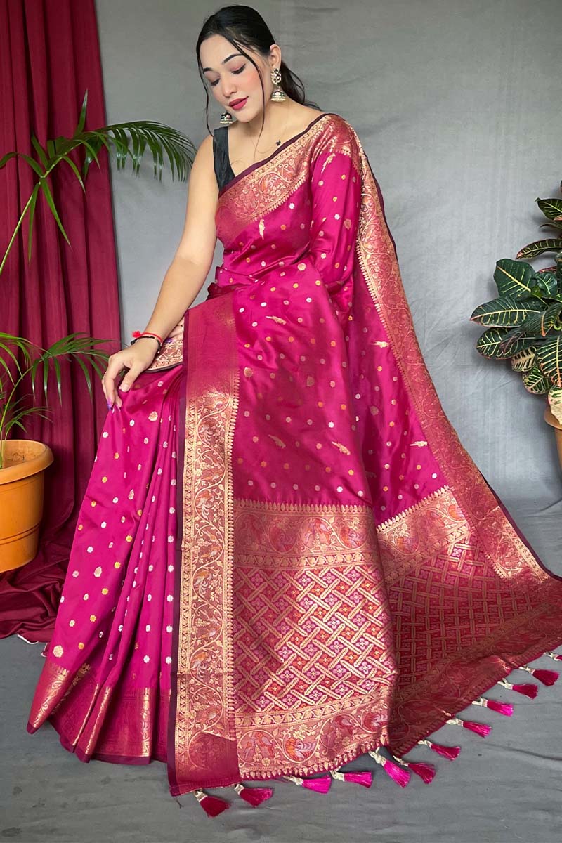 Rhapsody Dark Pink Soft Banarasi Silk Saree With Winsome Blouse Piece - Image 3