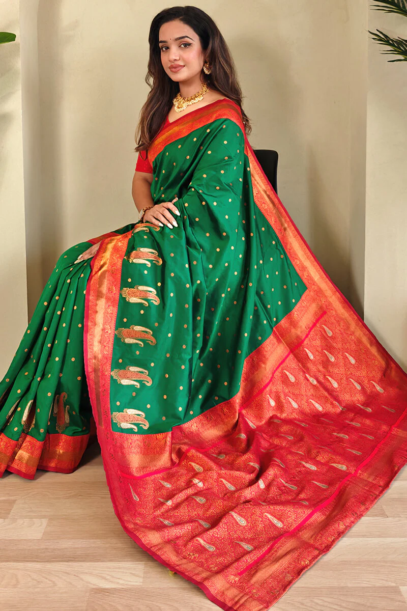 Rhapsody Green Soft Banarasi Silk Saree With Ethereal Blouse Piece - Image 2