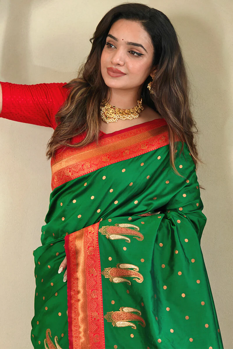 Rhapsody Green Soft Banarasi Silk Saree With Ethereal Blouse Piece - Image 3
