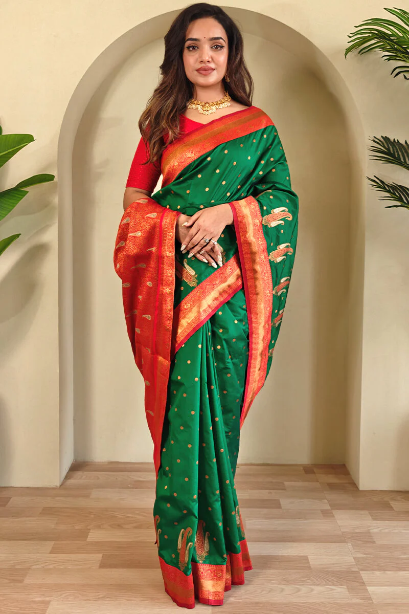 Rhapsody Green Soft Banarasi Silk Saree With Ethereal Blouse Piece - Image 4