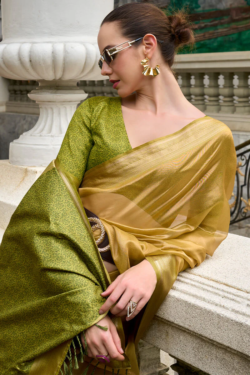 Rhapsody Mehndi Soft Tissue Silk Saree With Grandiose Blouse Piece - Image 3