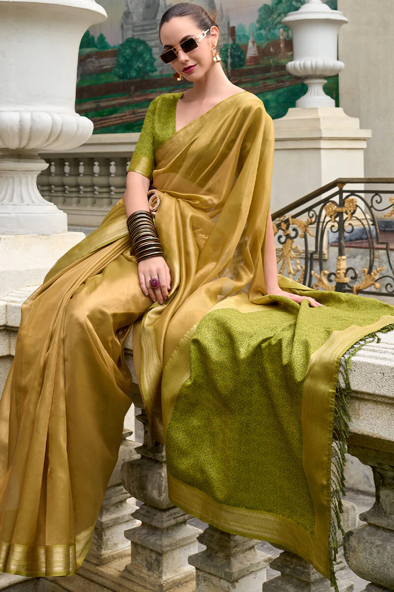 Rhapsody Mehndi Soft Tissue Silk Saree With Grandiose Blouse Piece - Image 4
