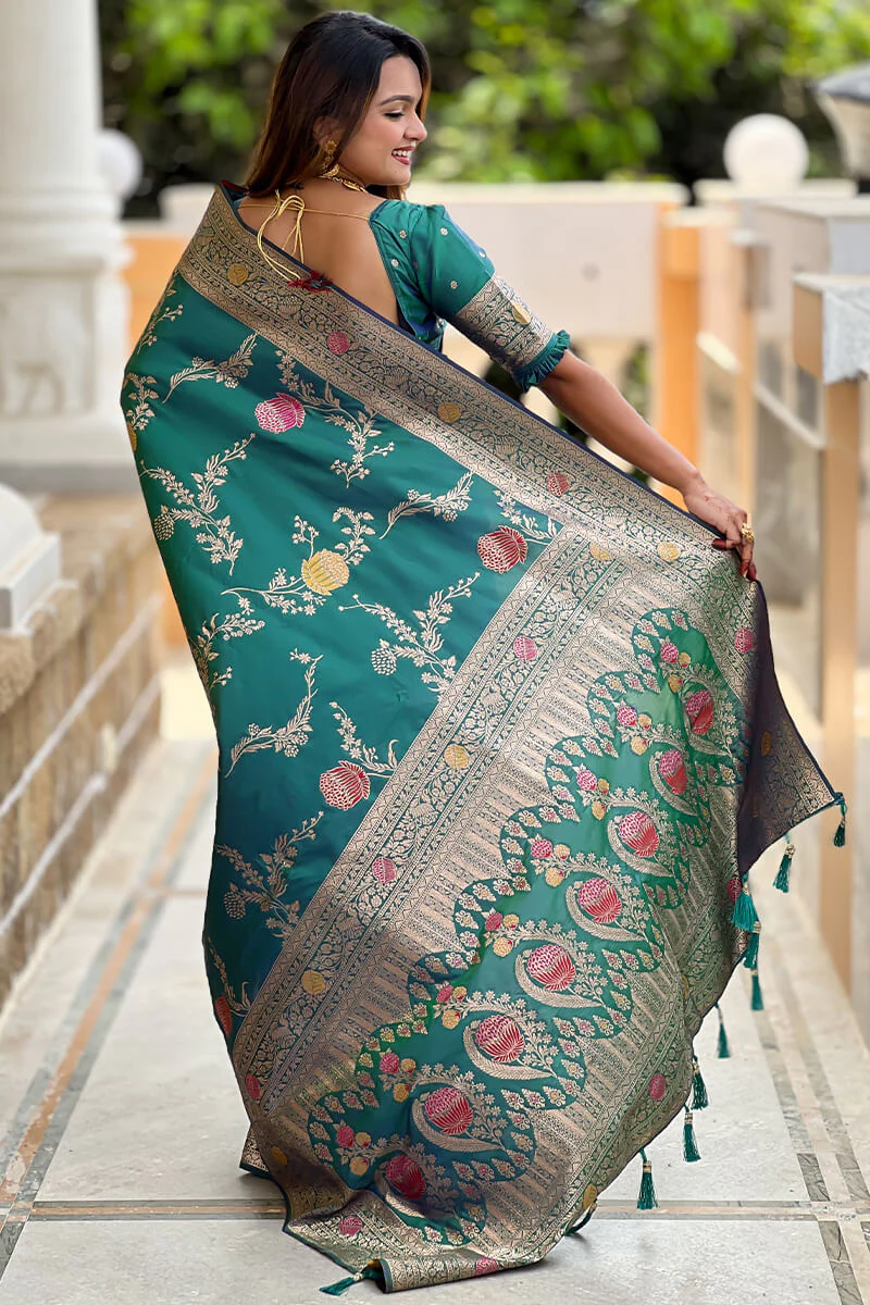 Rhapsody Rama Soft Banarasi Silk Saree With Posh Blouse Piece - Image 7