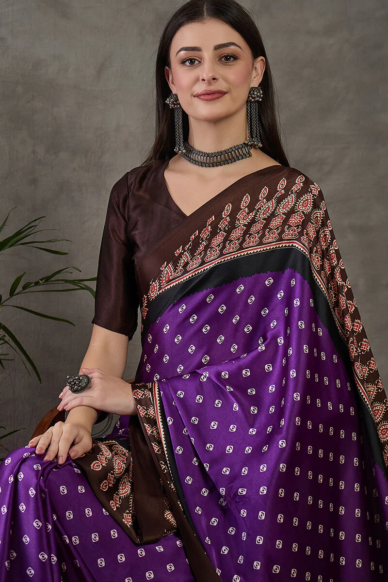 Rhapsody Royal Purple Ajrakh Printed Semi Modal Silk Saree With Proficient Blouse Piece - Image 2