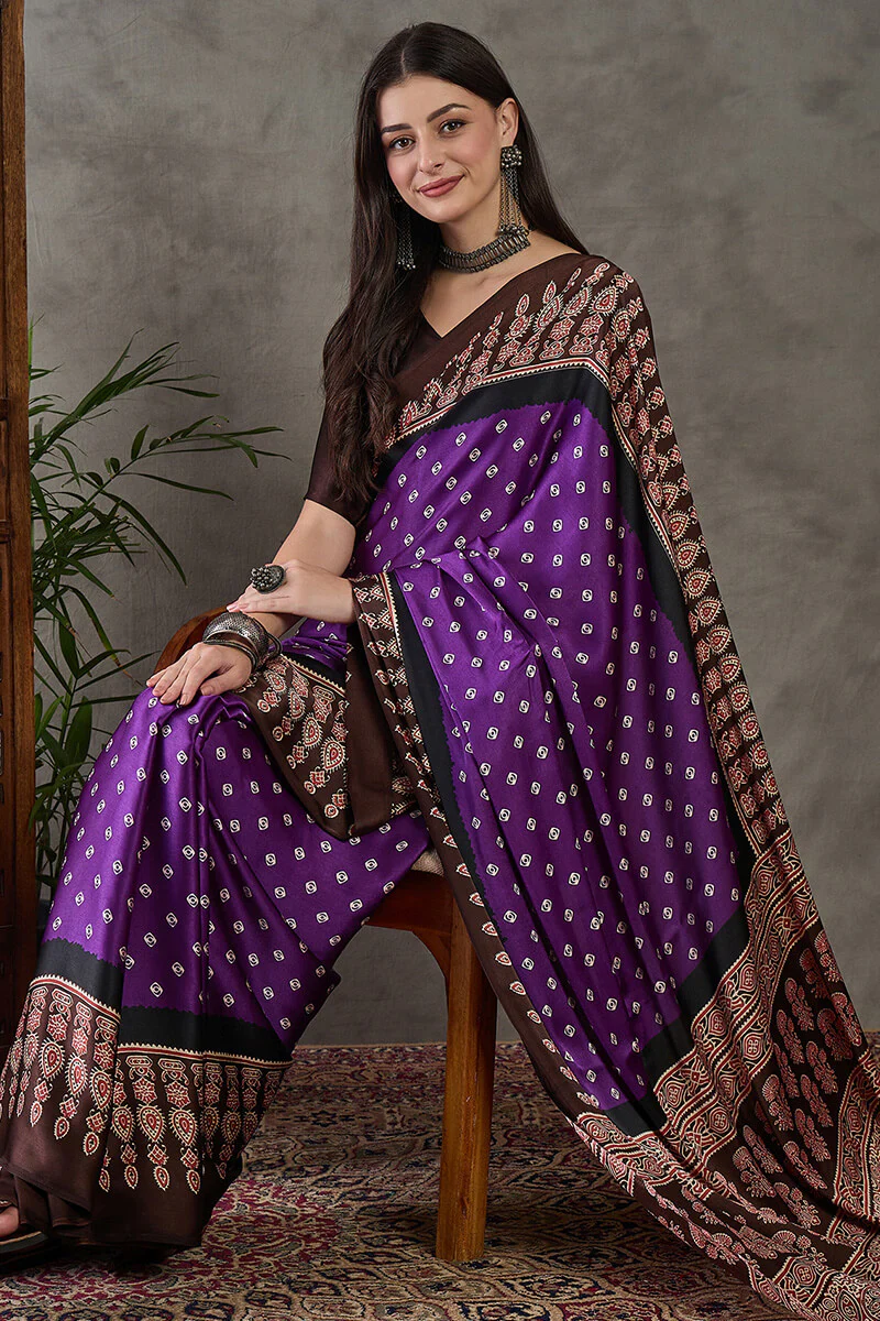 Rhapsody Royal Purple Ajrakh Printed Semi Modal Silk Saree With Proficient Blouse Piece - Image 5