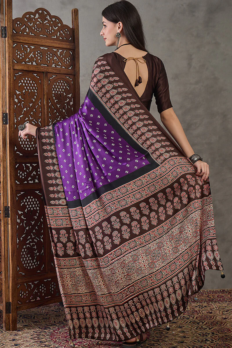 Rhapsody Royal Purple Ajrakh Printed Semi Modal Silk Saree With Proficient Blouse Piece - Image 7
