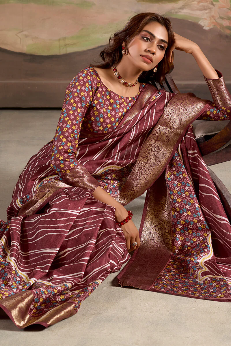 Rhapsody Wine Digital Printed Dola Silk Saree With Skinny Blouse Piece - Image 3