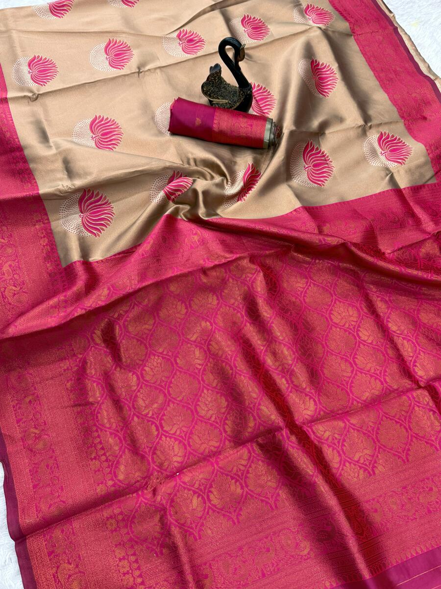 Scintilla Beige and Dark Pink Soft Silk Saree With Improbable Blouse Piece - Image 2