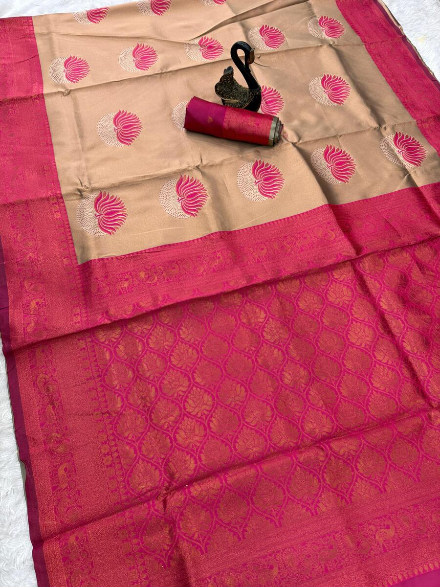 Scintilla Beige and Dark Pink Soft Silk Saree With Improbable Blouse Piece - Image 4
