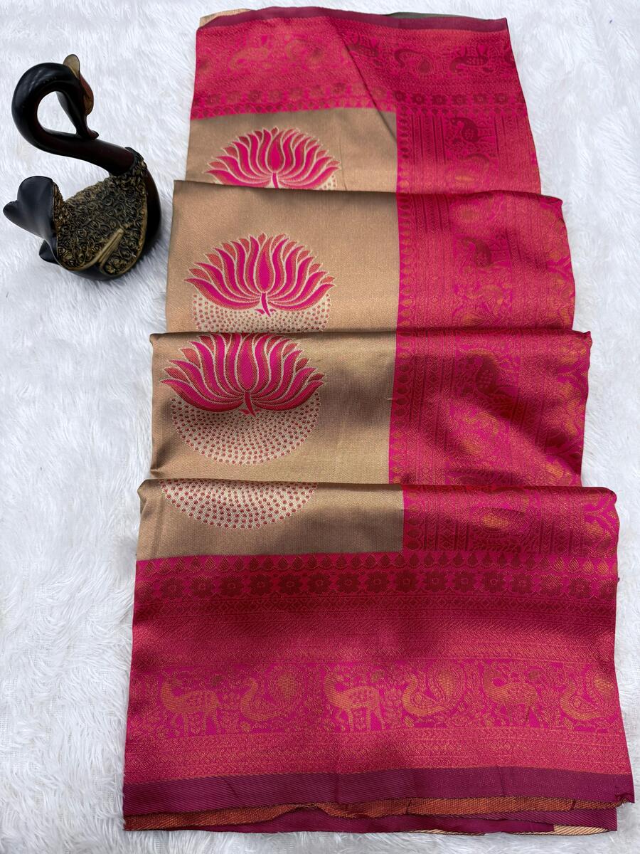 Scintilla Beige and Dark Pink Soft Silk Saree With Improbable Blouse Piece - Image 5
