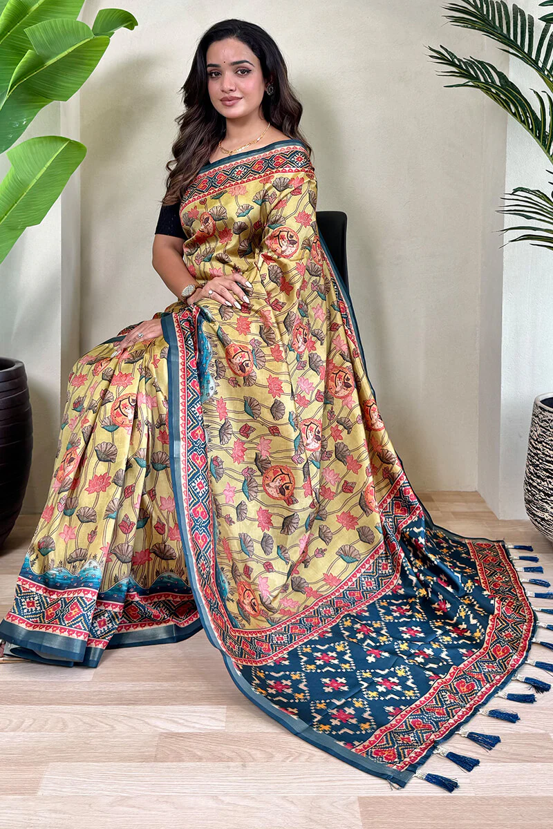Scintilla Beige Kalamkari Printed Viscose Dola Silk Saree With Gossamer Blouse Piece - Image 3