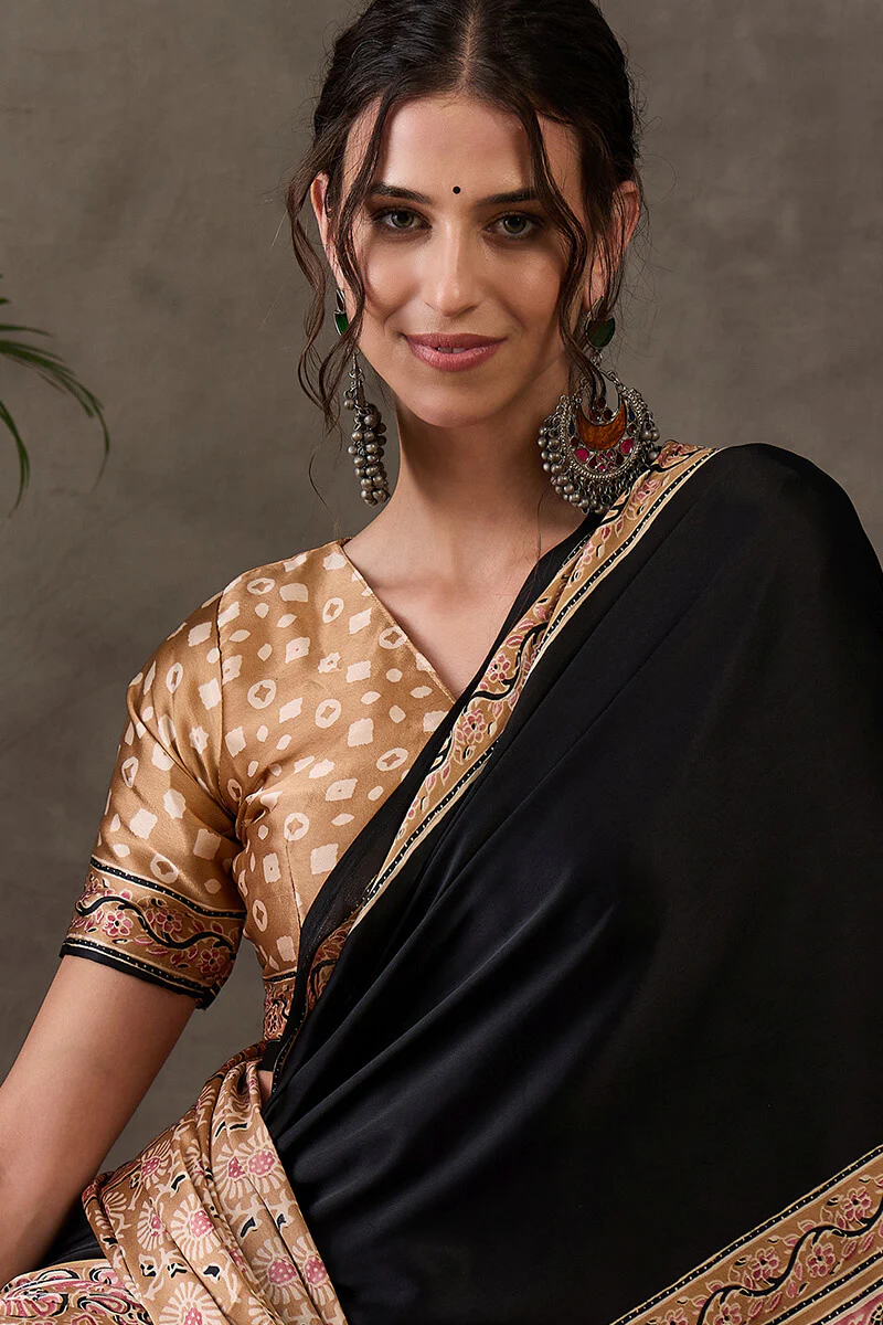 Scintilla Black Ajrakh Printed Semi Modal Silk Saree With Splendiferous Blouse Piece - Image 2