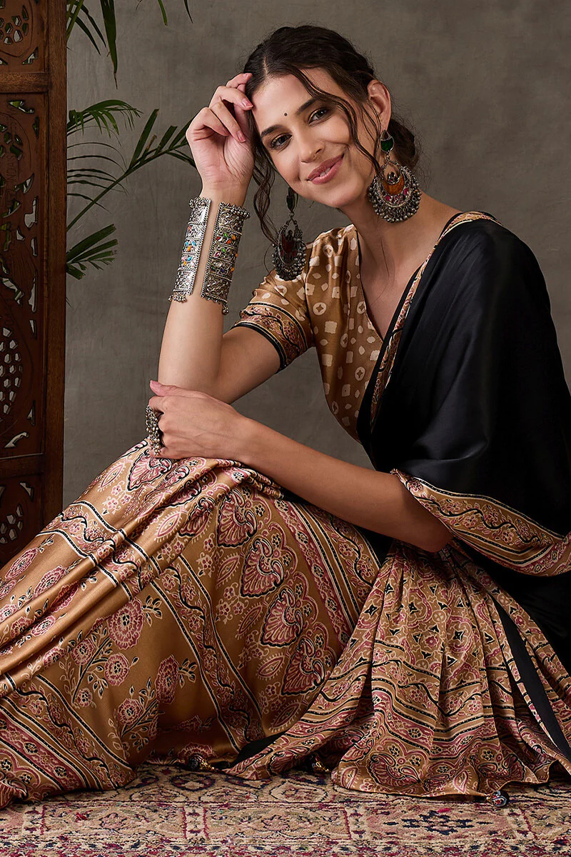 Scintilla Black Ajrakh Printed Semi Modal Silk Saree With Splendiferous Blouse Piece - Image 3